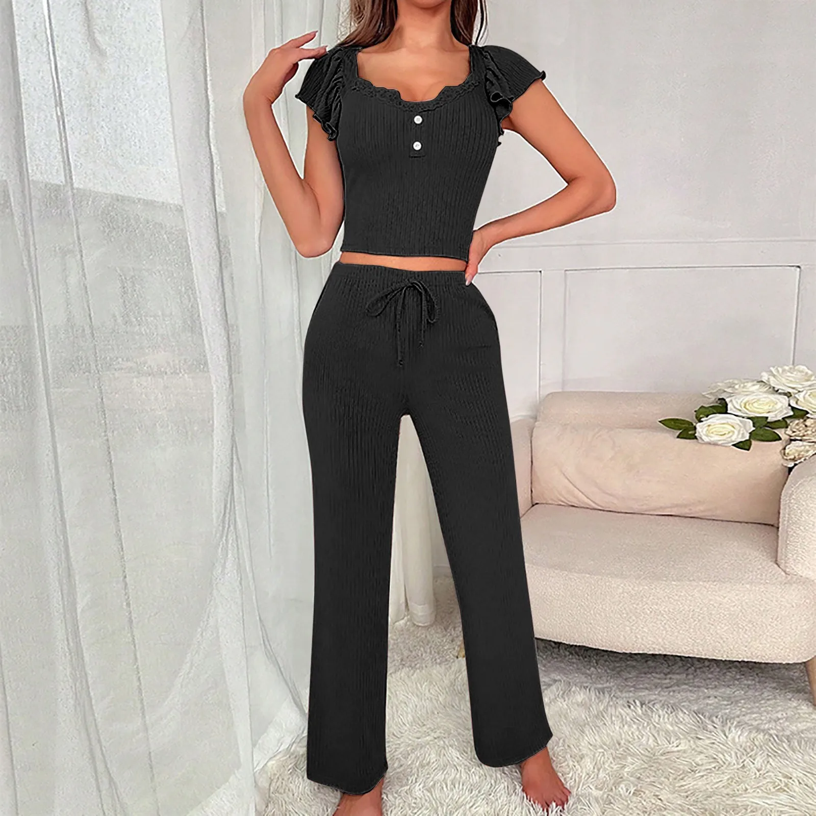 Frauen einfarbige Freizeit hose Set Pit Kurzarm kurzes Top und Schnürung lose Hose mit weitem Bein zweiteilige Home Wear Pyjamas Set