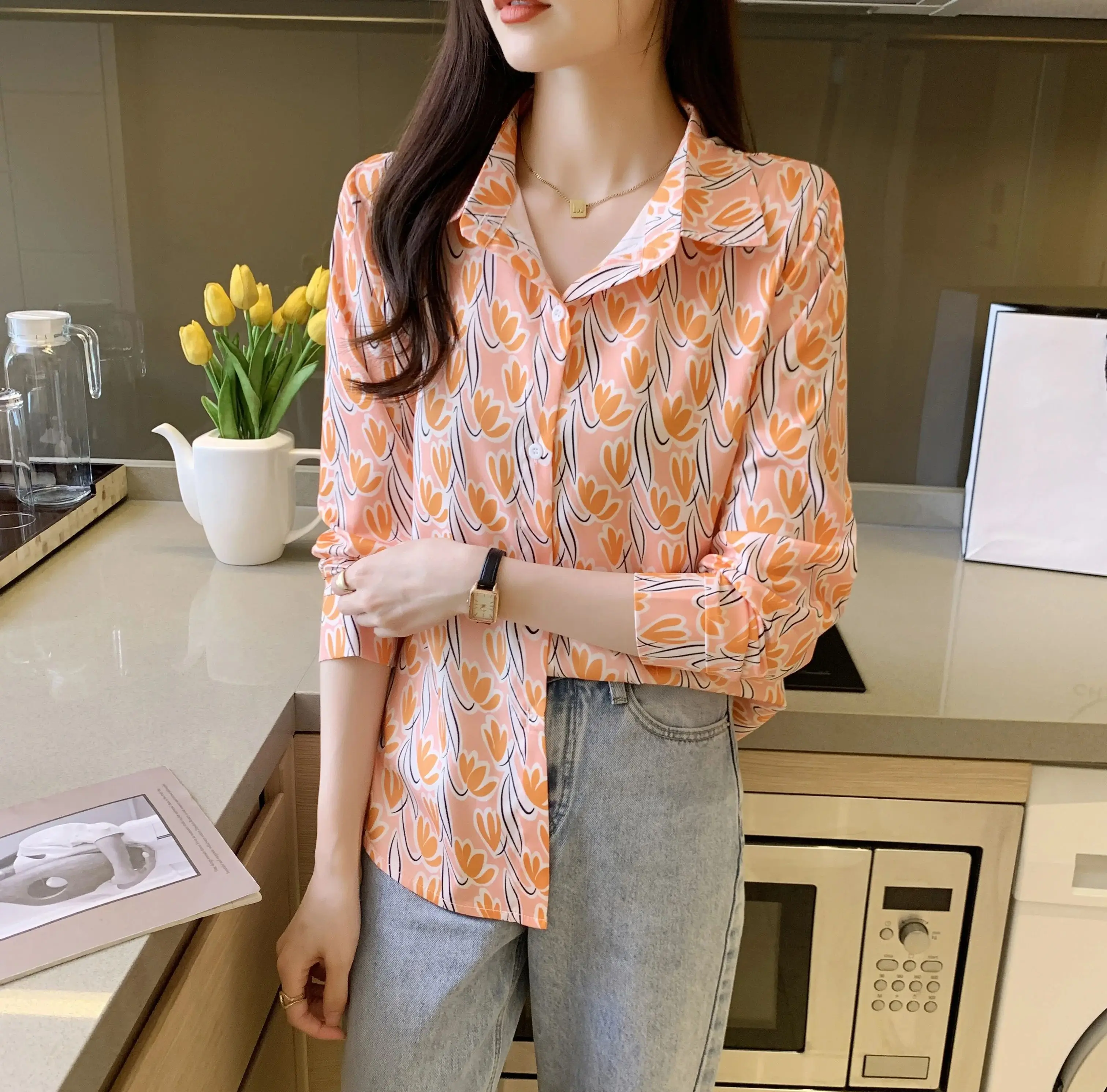 Nieuwe Elegante Print Blouses Casual Daily Dames Shirts Mode Vrouwen Button-Down Tops Blusa Mujer