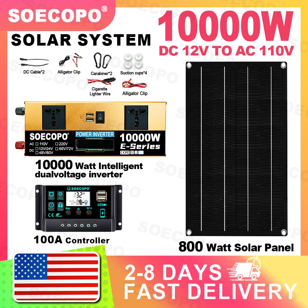 

[Delivery within 2-8 days] SOECOPO 10000W Solar System Kit Dual Inverter 12V/24V To 110V 100A Controller 800W Panel for Camping