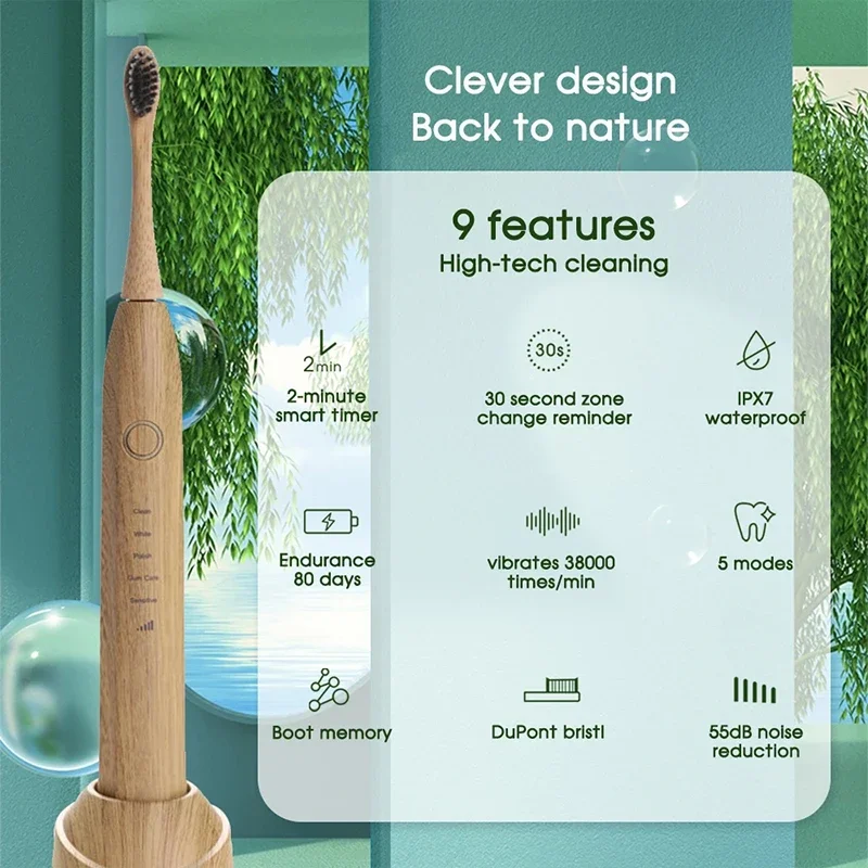 Wireless Bamboo Sonic Electric Toothbrush Smart Tooth Brush Oral Hygiene Clean Rechargeable IPX7 Waterproof Toothbrushes head