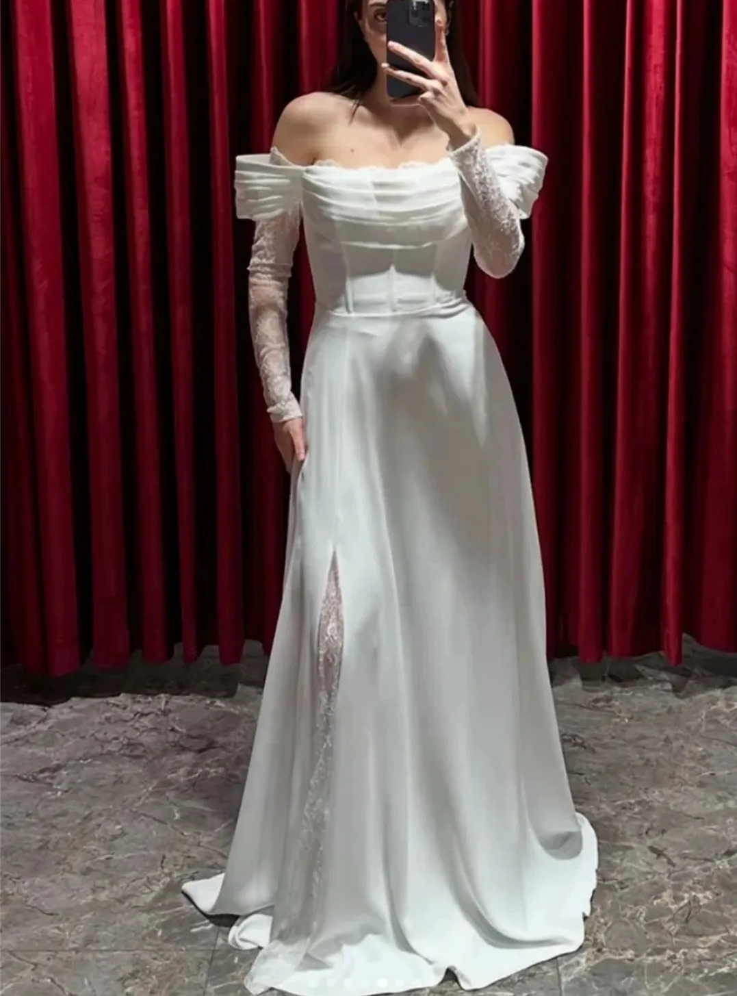 

Elegant White Evening Formal Dress Off the Shoulder Long Sleeves Lace Chiffon Silt Prom Pageant Party Gowns Robe De Soiree