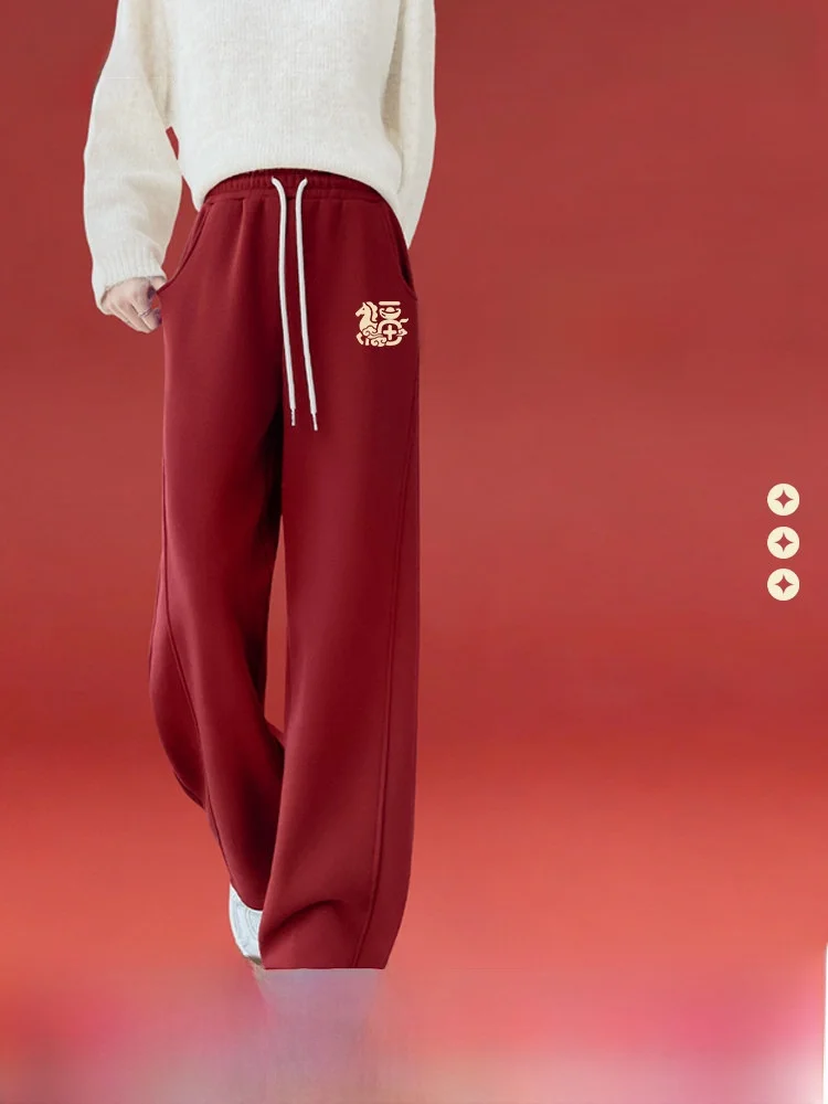 

Красные утепленные спортивные брюки на флисе для женщин, повседневные, с высокой талией, широкие штанины, новинка к Новому году, для студентов, для активного отдыха на снегу