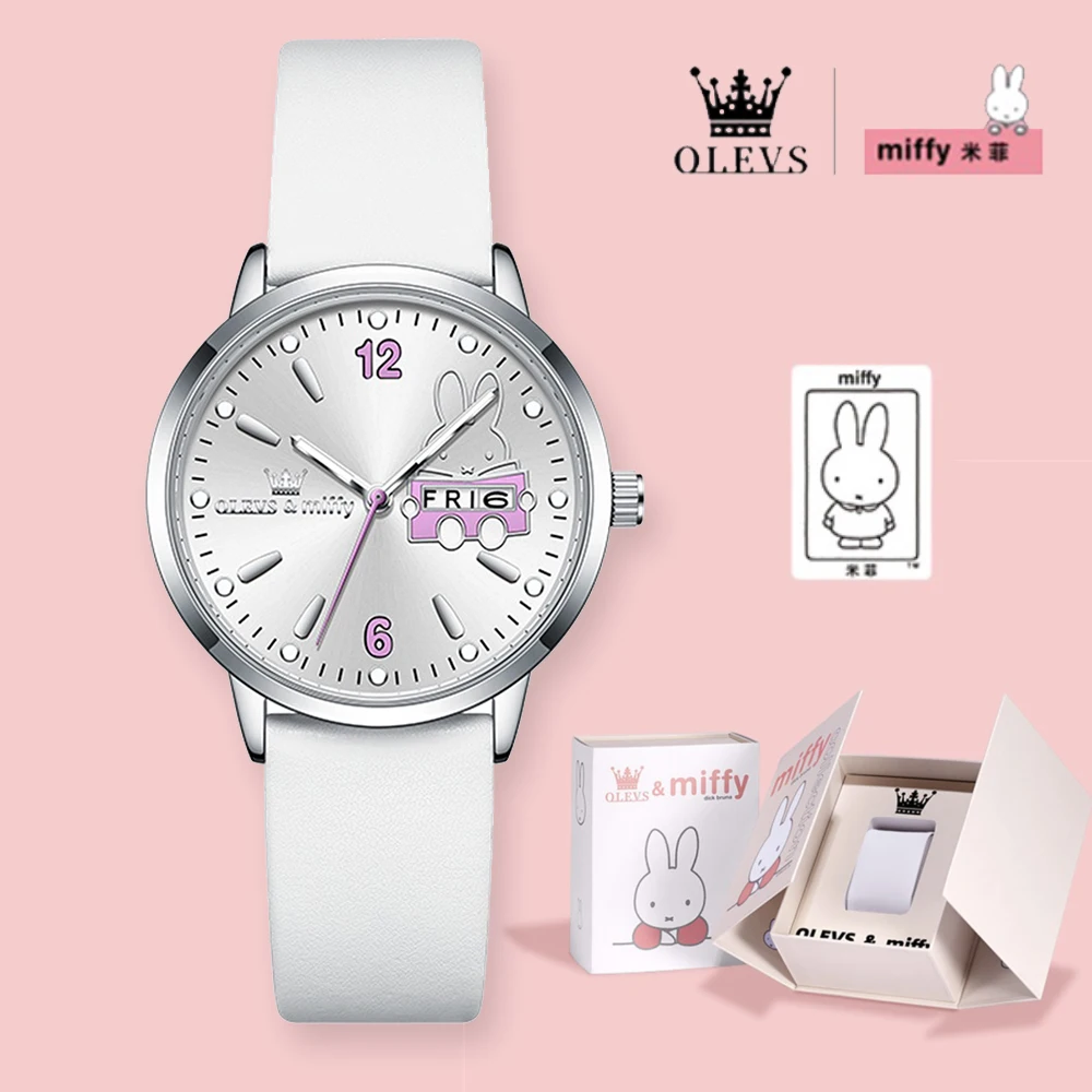 OLEVS & Miffy Joint Edition Women's Watches Cute White Rabbit Date Dial Original Quartz Watch for Girl Waterproof Date Week 2024