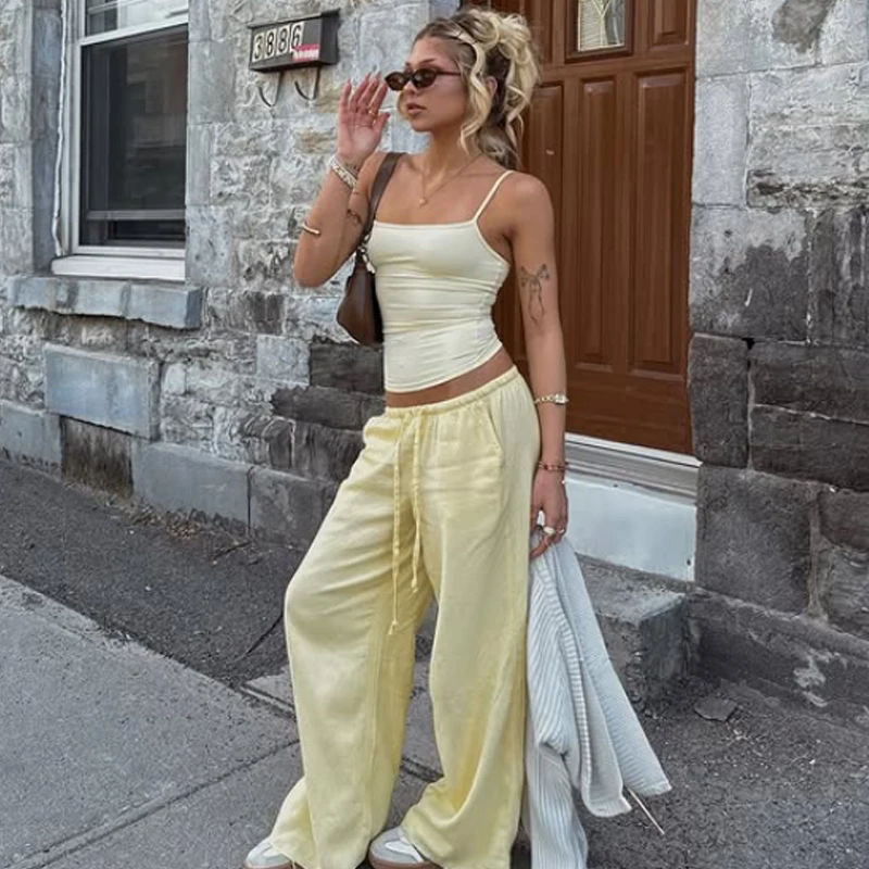 HXAO Women's Pants Baggy Wide Pants Woman Summer Linen Trousers Casual Tied Pleats Fluid Trousers High Waist Black White Pants