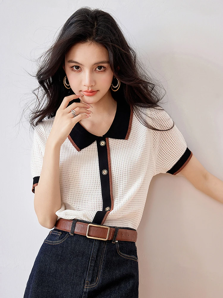 Women Summer Knit Top Short Sleeve Lapel Collar Elegant Thin Loose Sweater Top Lady Pullover Knitwear T-Shirts