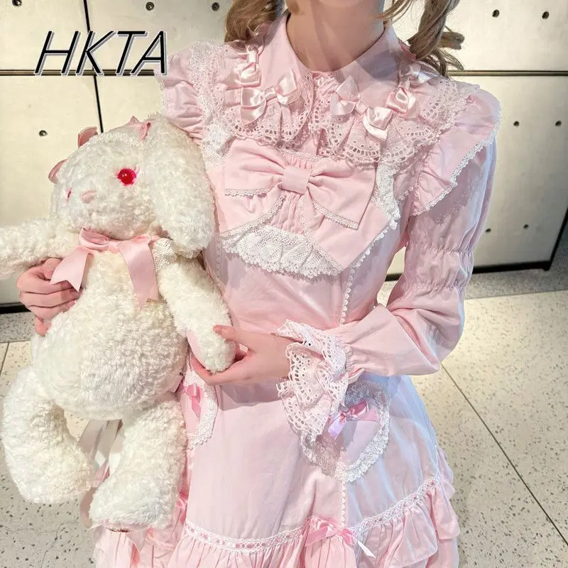 Lolita Versatile Bow Doll Collar Blusas Girls Long Lotus Root Sleeve Shirt Women Spring Sweet Cute Lace Pink Top Blouse Girls