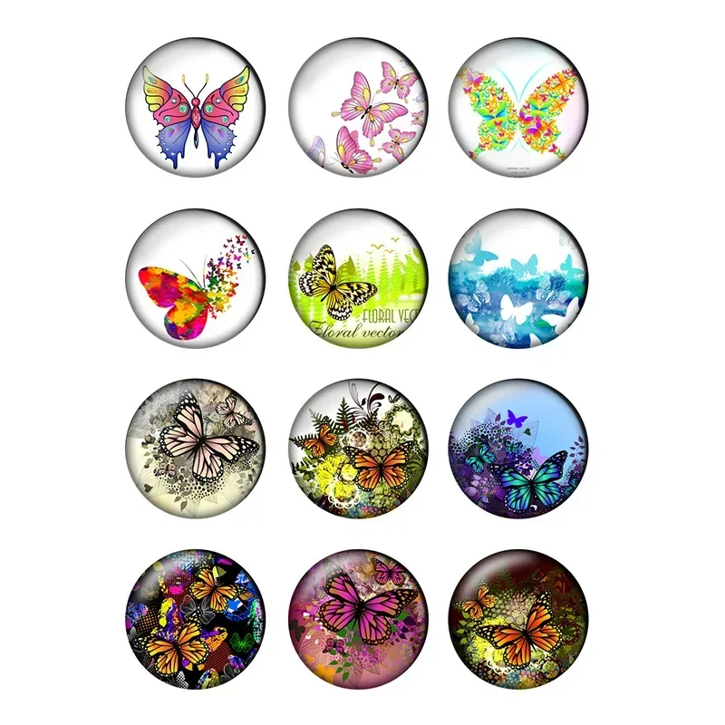 12pcs/lot Cartoon Butterfly 8mm To 25mm 24 Different Round Photo Glass Cabochon Demo Making Findings for DIY Jewelry T088