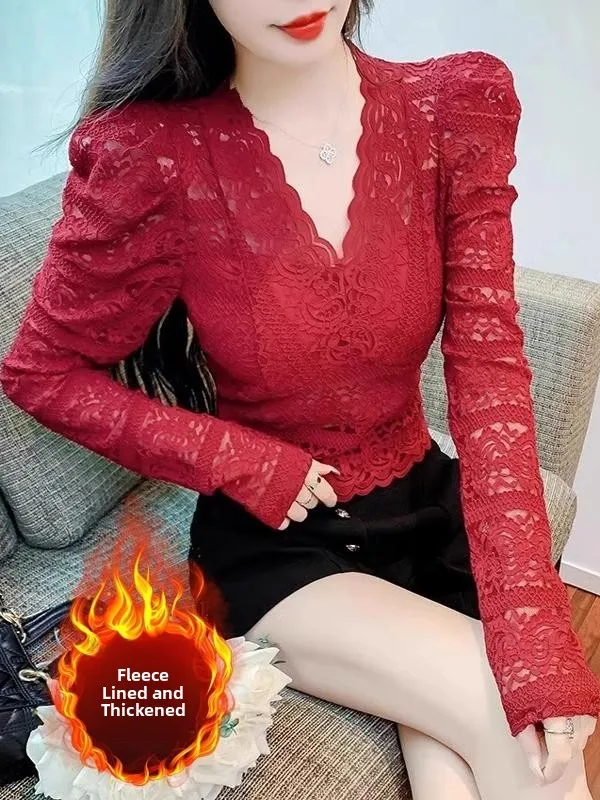 Fce Lined Thiened V Ne Lace Base irt Women Long Sve Autumn Winter Bla Sexy ort irt Korean Sle Slim Fit