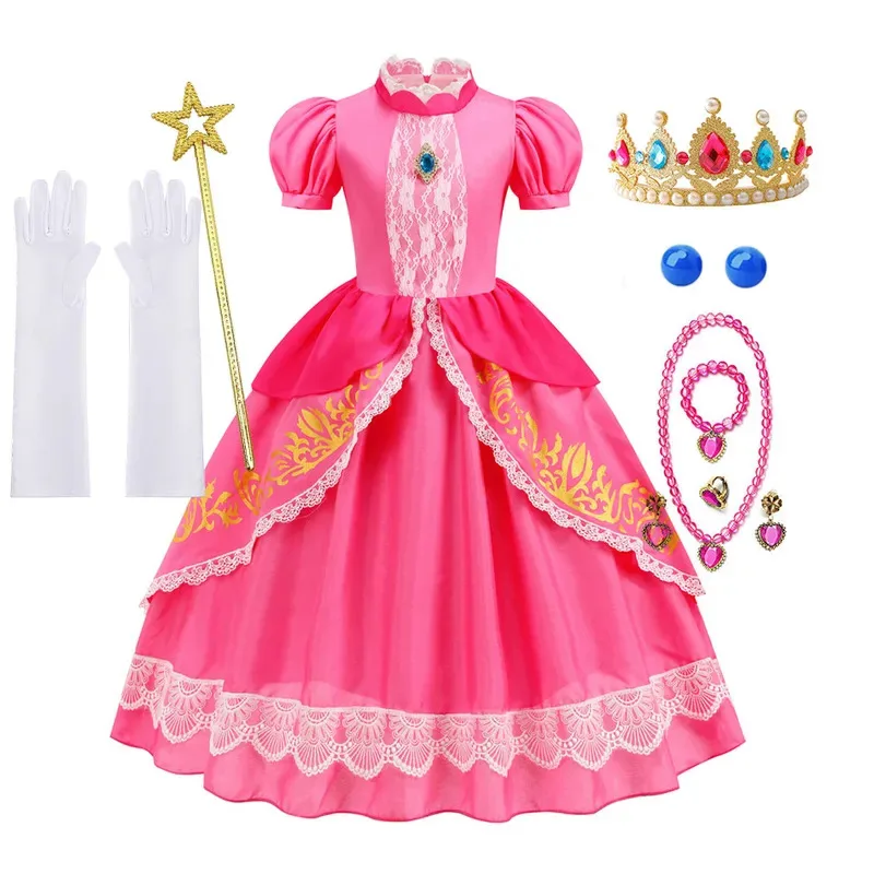 

Pumber Bros Vedio Game Movie Cosplay Girl Peach Dress up Lace Ball Gown Princess Costume Kid Cute Halloween Clothing Frock 2-10Y