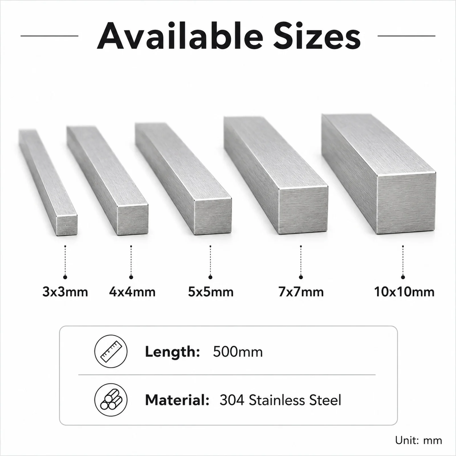 1PCS 304 Stainles Steel Square Bar Rod 3x3 4x4 5x5 7x7 10x10MM Length 500mm