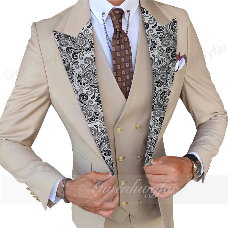 

Gwenhwyfar 2026 Fall/Winter Trendy Slim Fit Peak Neck Gold Button Men's Tuxedo 3 Pieces Wedding Groom Groomsmen Men's Suits