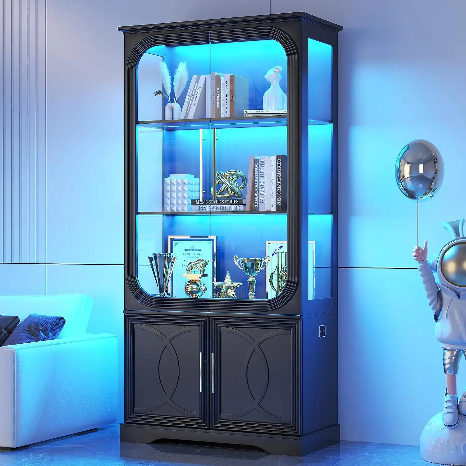5 Tier Wooden Curio Cabinet, 3 Colors LED Lights, Human Sensor, Glass Display Case with Storage Cabinet for Figures, Customized