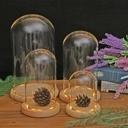 Glass Dome Wooden Base Container Tabletop Display Glass Cover Dry Flower Ornaments Craft Dust Bell Jar Terrarium Landscape Vase