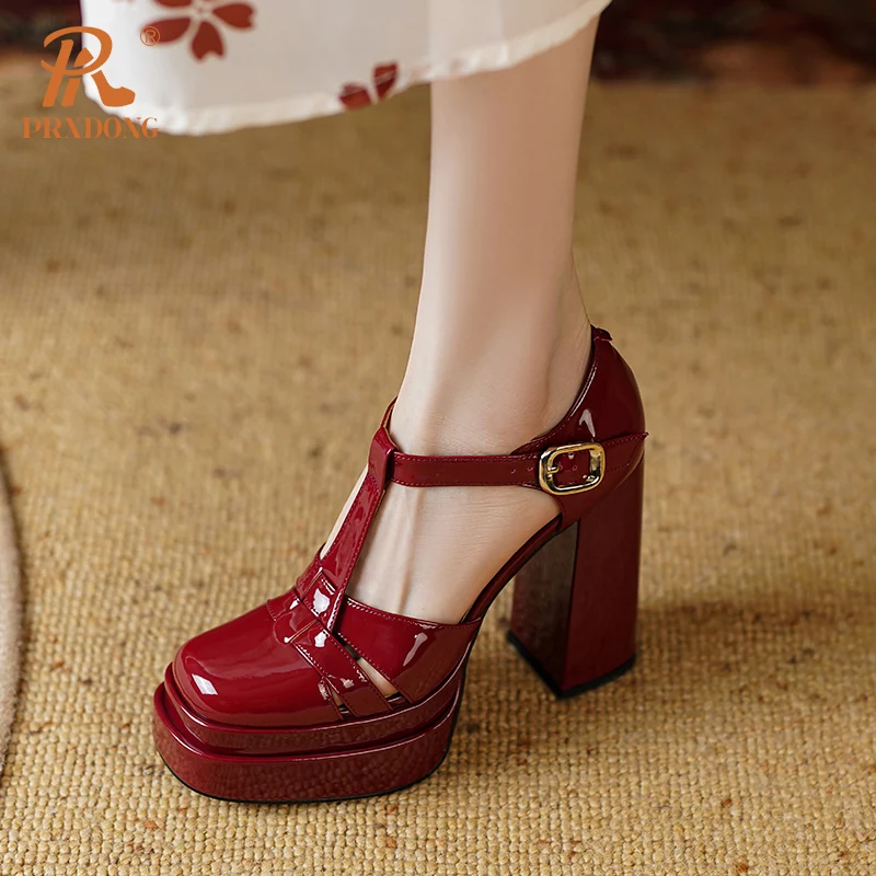 PRXDONG New Brand Genuine Cow Leather Summer Fashion High Heels Platform Shoes Woman Pumps Black Wine Red T-strap Dress Party 39