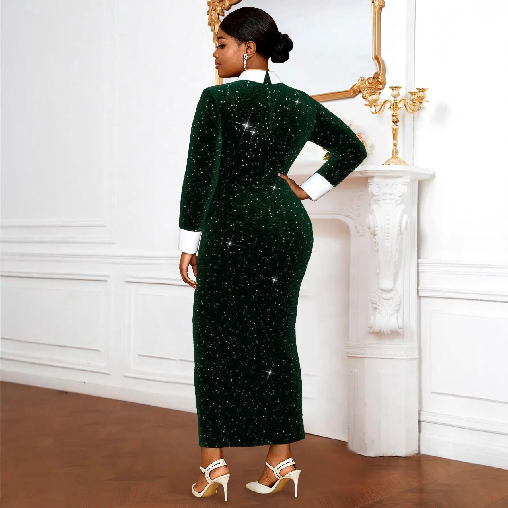 Africa Clothing Sequin Maxi Dress for Women Turn Down Collar Color Block Button Evening Party Weddings Special Occasions Gowns