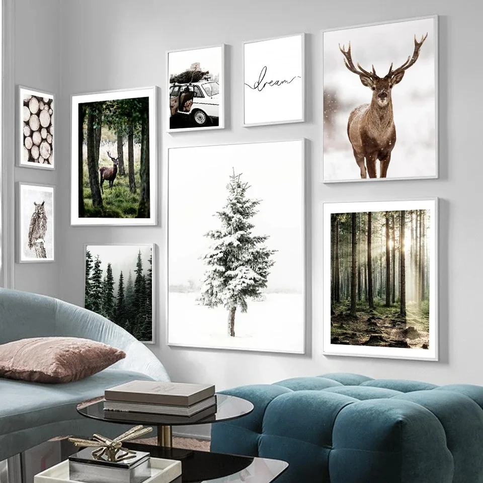 Nordic Winter Snow Forest Deer Owl Sunlight Morning Scenery Poster Print Canvas Painting Wall Art Picture Living Room Home Decor