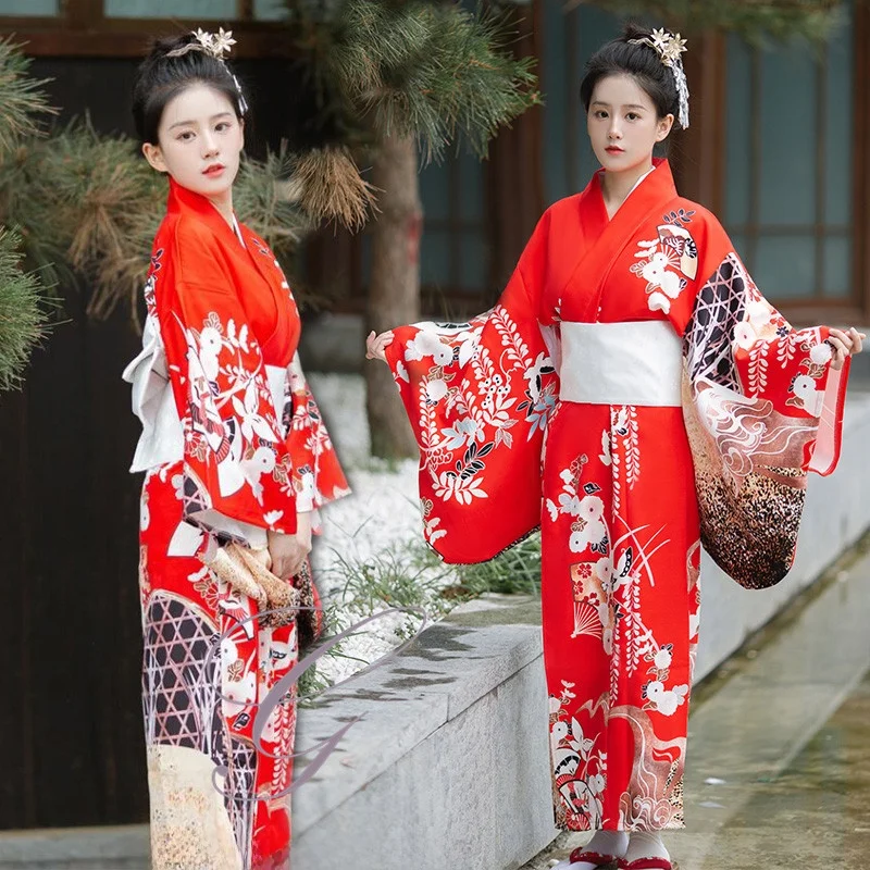 

Red Traditional Japanese Kimono Women's Formal Rvated Summer Kimono Artistic Batobe Polyester Fabric Young Women's Faion