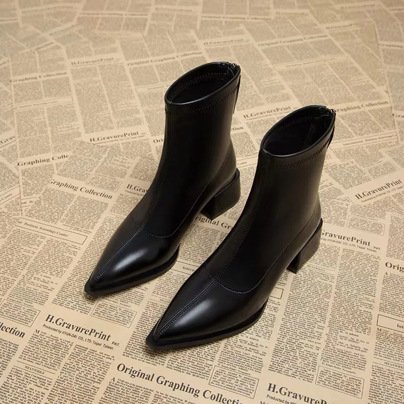 Versatile Temperament Shows Skinny Booties Fashion Pointed Toe Zipper Soft Sole Non-slip Block Heel Shoes
