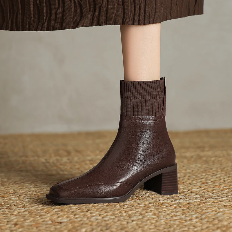 2026 autumn winter women ankle boots natural leather plus size 22-26cm sheepskin round toe thick heel back zip short boots