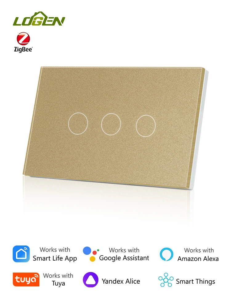 LOGEN Zigbee Smart Touch Switch US Standard 1/2/3Gang 1Way Wall Light Switch Need Neutral Wire Work With Tuya Smart Life Alexa