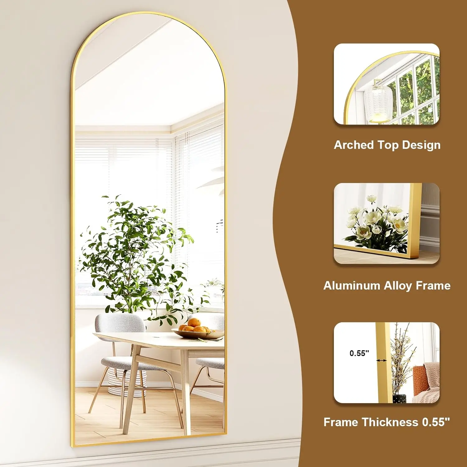 65"x24" Arched Full Length Mirror | Free Standing & Wall-Mounted | Full-Length Mirror with Stand | Modern Gold Mirror for Living