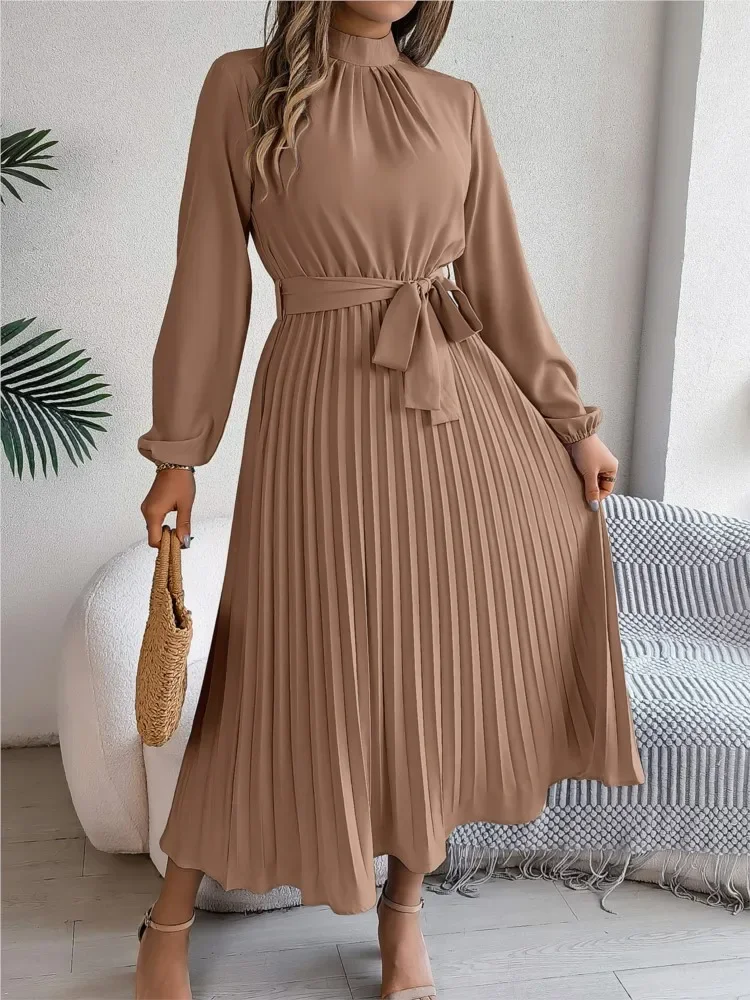 Nice Women's Long Dresses Summer Elegant Pleated Long Sleeveed Lace Up Dresses Beach Boho Wrap Ruffle Hem Swing Sundress