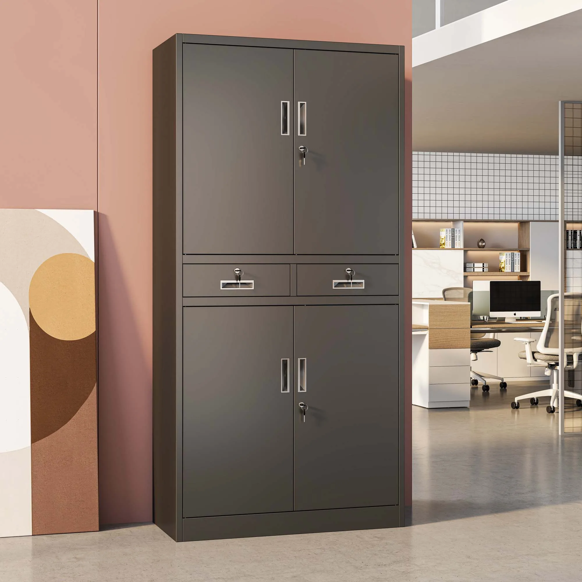 bn Adjustable Iron Glass Modern Office Filing Cabinet with 2 Drawers Durable Key Lock for Commercial Use%