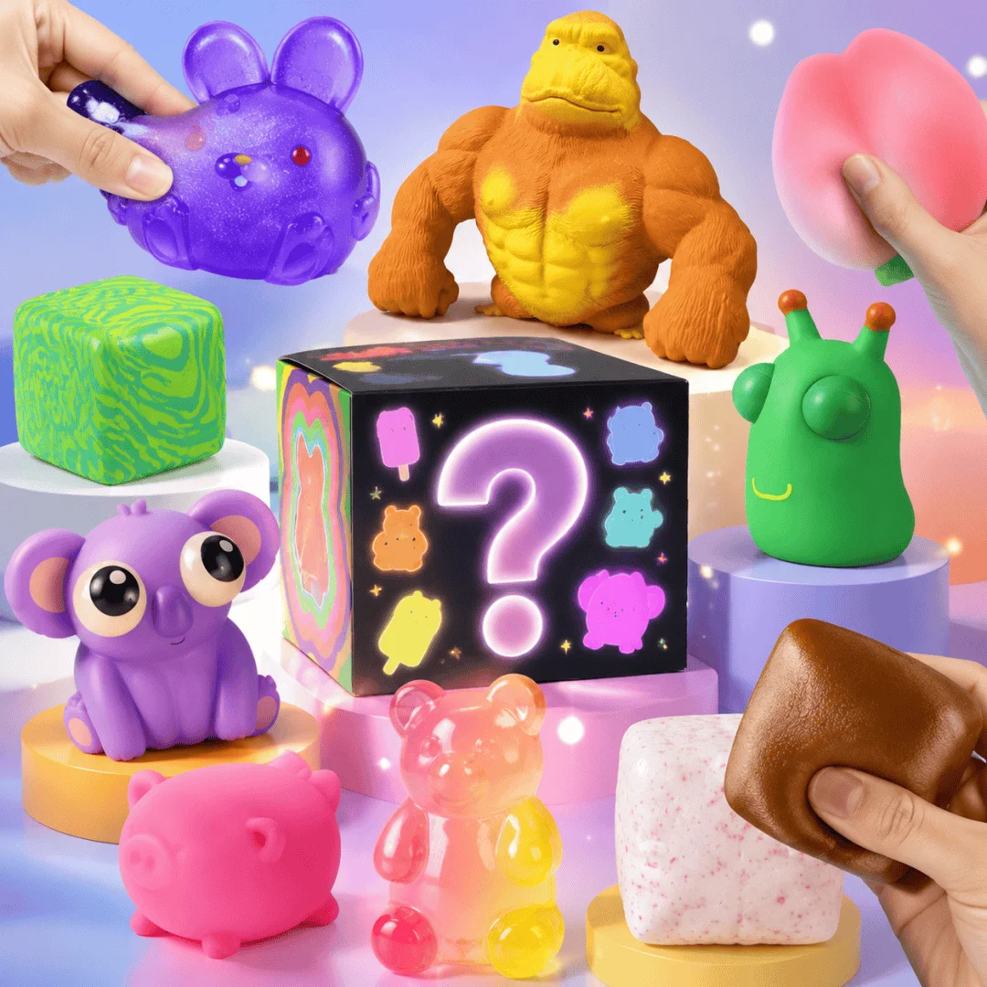 Rainbow Random Mystery Blind Box Pastel Crystal Cat Paw Mochi Squishy, Imitation Grape Cream Squeeze Toy, Sensory Calming Fidget Toy
