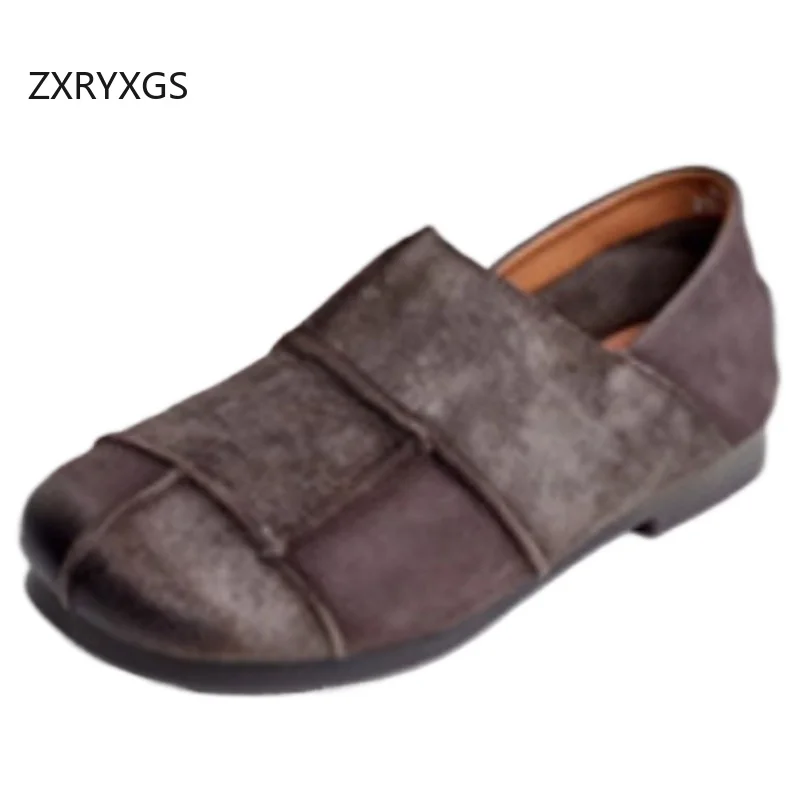 ZXRYXGS Premium Cowhide Classic Retro Splicing Spell Colors Women Flat Shoes 2026 New Fashion Full Real Leather Trendy Flats