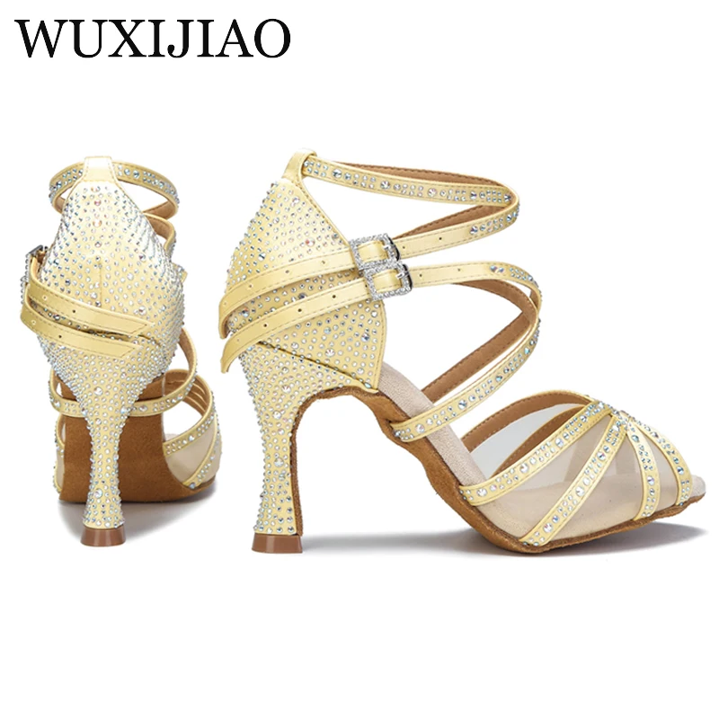 WUXIJIAO-Chaussures de danse latine pour dames, chaussures de danse tango pour dames, chaussures de salsa en satin jaune, talons à semelle souple pour filles, salle de Rh