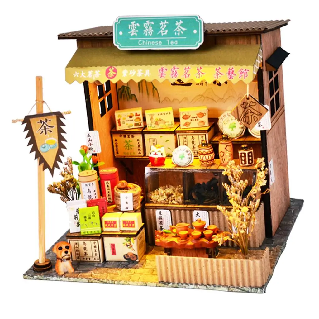 Puppenhaus-Miniatur mit Möbeln, DIY-Holzpuppe, kreatives Tagesgeschenk im Maßstab 1:24 – Teehäuse