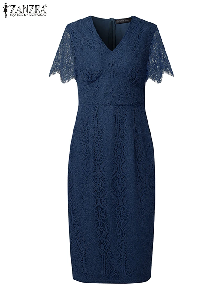 

ZANZEA Sexy Lace Dress Women Elegant OL Work Sundress 2025 Summer V Neck Party Vestidos Casual Hollow Out Robe Oversized S-3XL