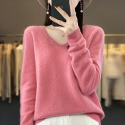 Wool Sweater Woman Autumn Winter Pullovers Screw Thread V-neck Loose Bottoming Shirt 17 Colors Jumpers Basic Knit Sweaters Hot