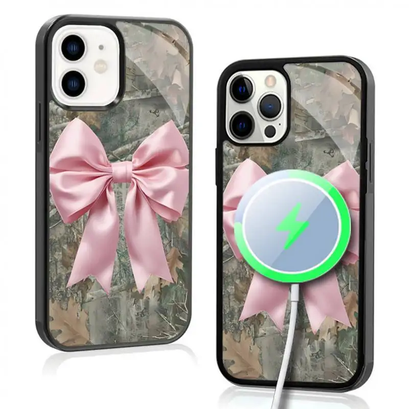 

Camo Pink Bow Phone Case For IPhone 11 12 13 14 15 Plus Pro Max Mirror Acrylic Cover For Magsafe Wireless Charging