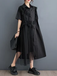 2024 Summer New Black Vintage Mesh Patchwork Irregular Dresses For Women Short Sleeve Loose Casual Shirt Dress Elegant Clothing