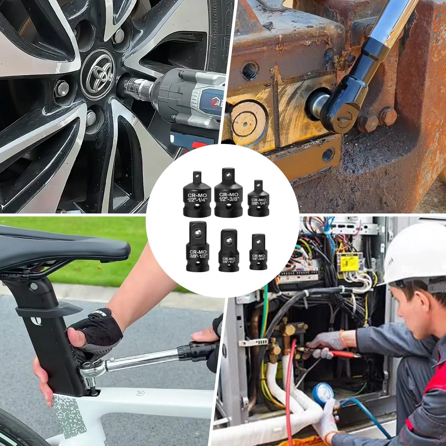 6個入りインパクトソケットアダプターセット 1/4インチ 3/8インチ 1/2インチ クロムバナジウム鋼 ラチェットキット (ブラック)