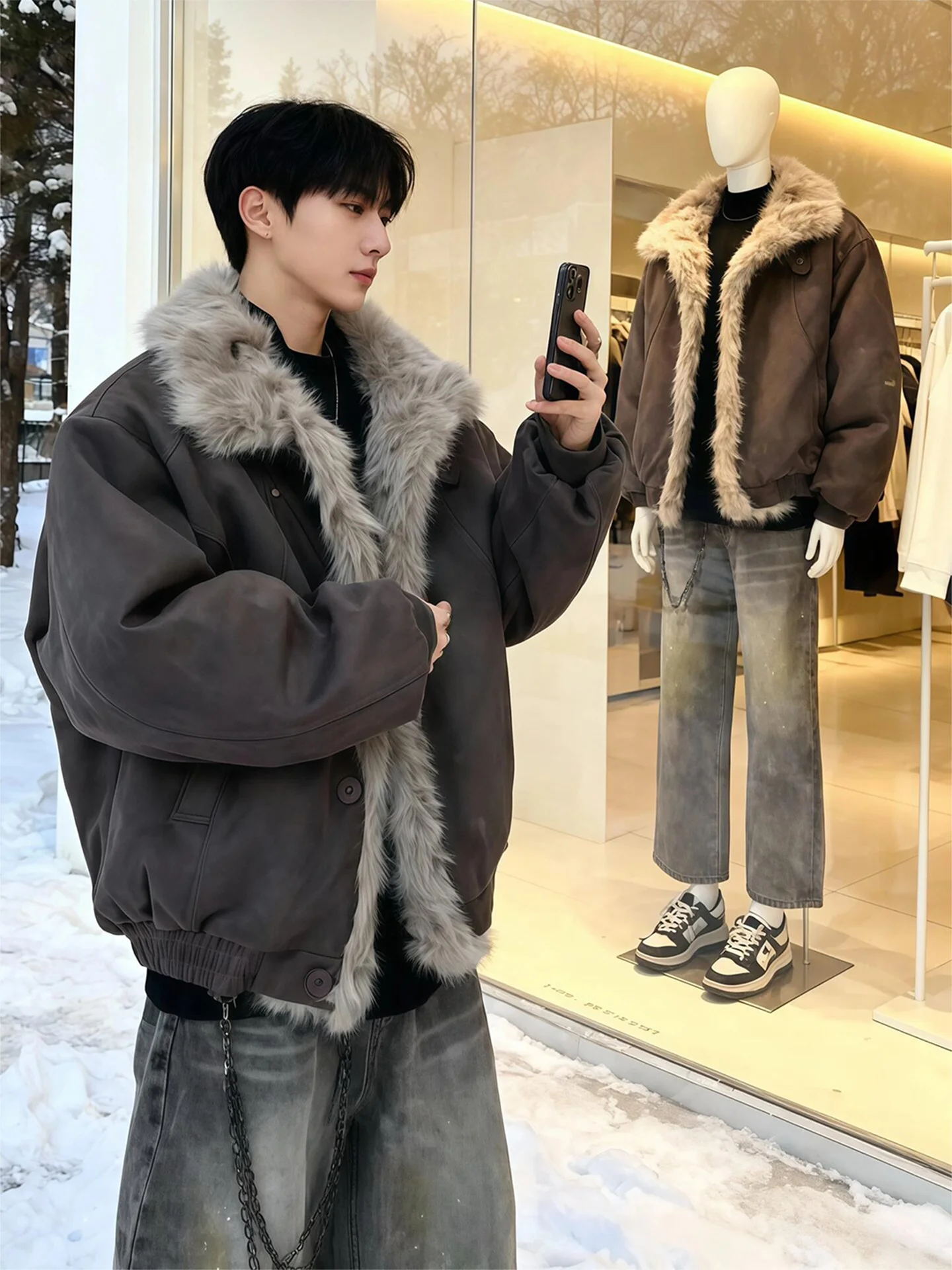 

Мужская зимняя теплая рабочая куртка из замши Deep ey с американским меховым воротником, хлопковая верхняя одежда, приталенный крой, длинный рукав