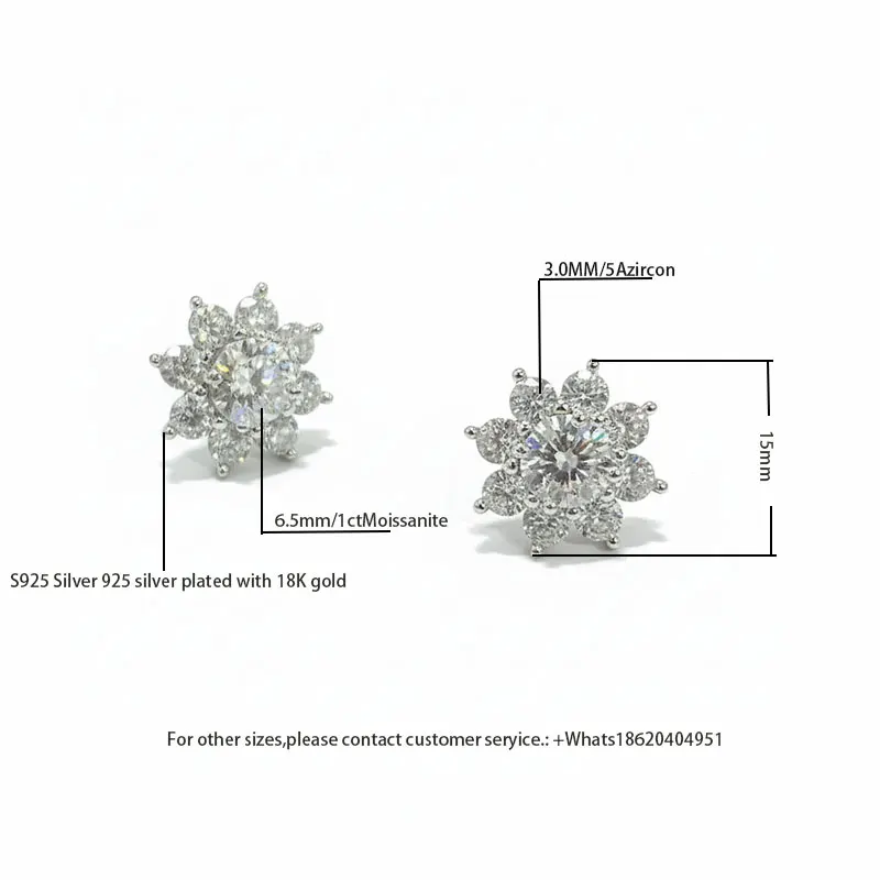 

Новое поступление, серьги-гвоздики из стерлингового серебра 925 пробы с покрытием из 18-каратного золота, 6,5 мм, 1 карат, муассанит, 3,0 мм, 5A, модные серьги-гвоздики с цирконием и снежинками, 15 мм