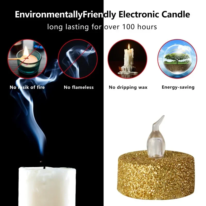 Bougies LED sans flamme en poudre d'or en plastique créatif, décorations de Noël, décoration d'intérieur, lumières électroniques, 12 pièces par paquet
