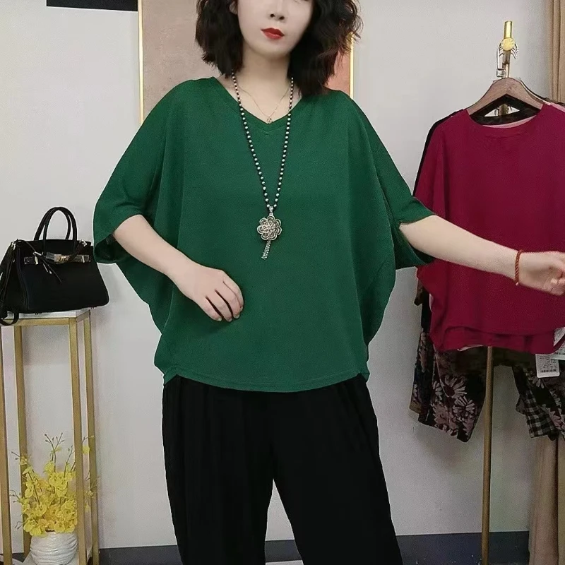 Women's Summer New Minimalist Commute V-neck Batwing Sleeve Solid Color Loose Fashion Casual All-match Pullover T-shirts Tops