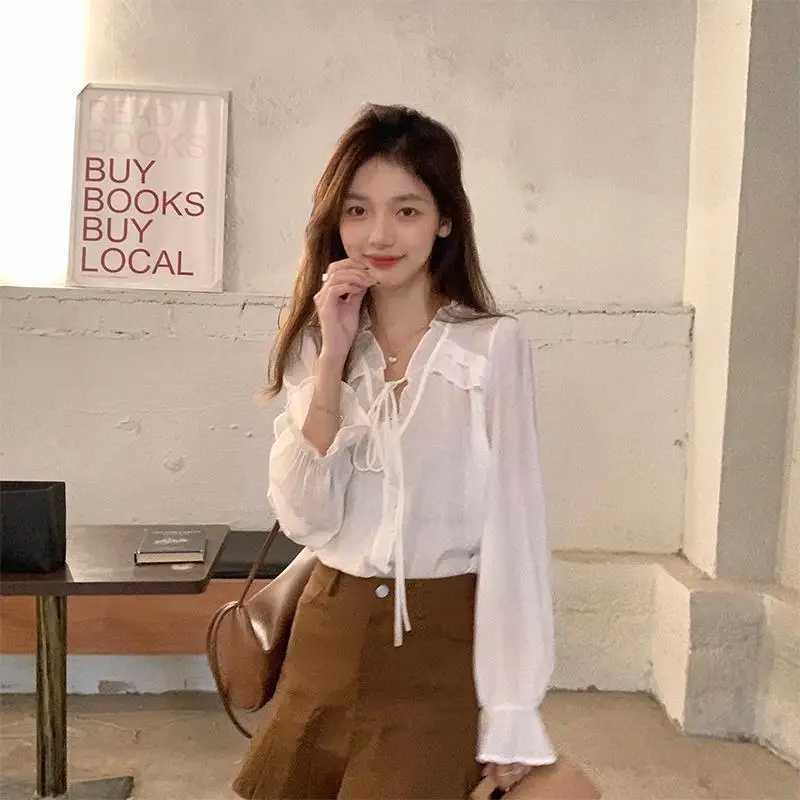 Blouses Women Retro V-neck Fashion Korean Style Tops Spring Holiday Solid Ladies Popular Tender Elegant Casual Design Autumn Ins