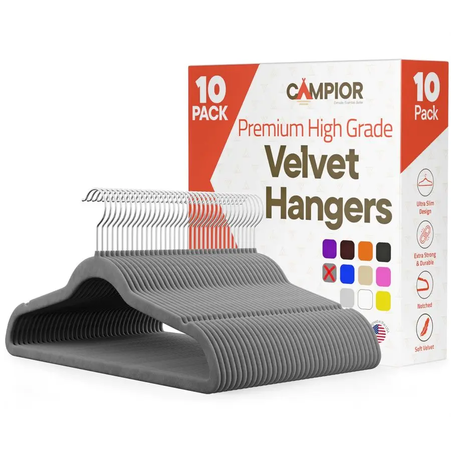 

Серые бархатные вешалки, 10 шт., с поворотным на 360° крючком, нескользящие и экономящие место, усиленные, выдерживают вес до 5 кг, гладкая поверхность.