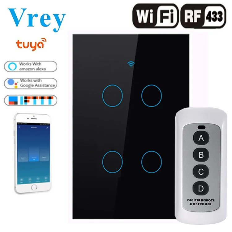 Vrey New Smart Devices 4 Gang Wifi Wall Light Switch Smart Home Automation Luxury crystal Glass Touch Switch