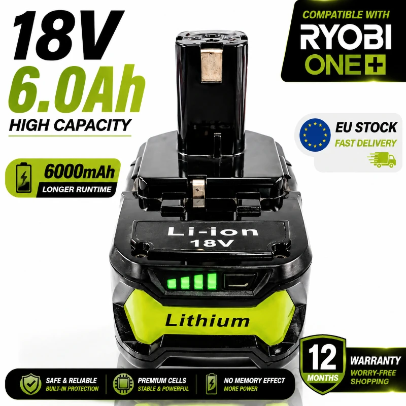 Compatible avec la batterie RYOBI ONE+ 18V P108 P109, batterie lithium haute capacité 6.0Ah de remplacement, bloc d'alimentation rechargeable, sans effet mémoire, performances stables, faible autodécharge, conception de batterie sécurisée, livraison rapide depuis l'entrepôt UE en Pologne.