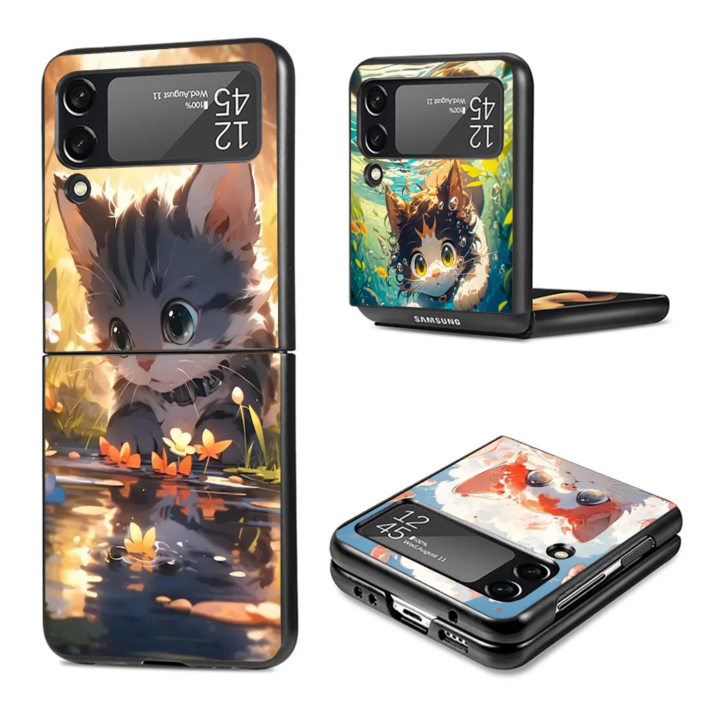 Cartoon Cute Cat Fish Aesthetic Phone Case For Samsung Galaxy Z Flip3 Flip4 Flip5 Flip6 PC Shell For Z Flip 3 4 5 6 Hard Folding