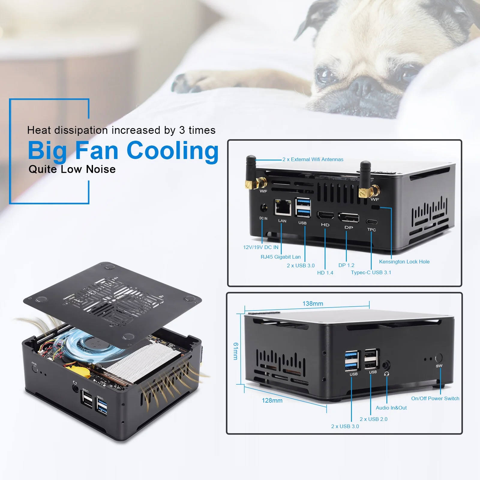 Core i7 8565U Mini PC 64GB DDR4 RAM Windows 10 Pro Fan Gaming Computer Linux tipo-c UHD Graphics 620 M.2 SSD 4K HTPC Lock Hole