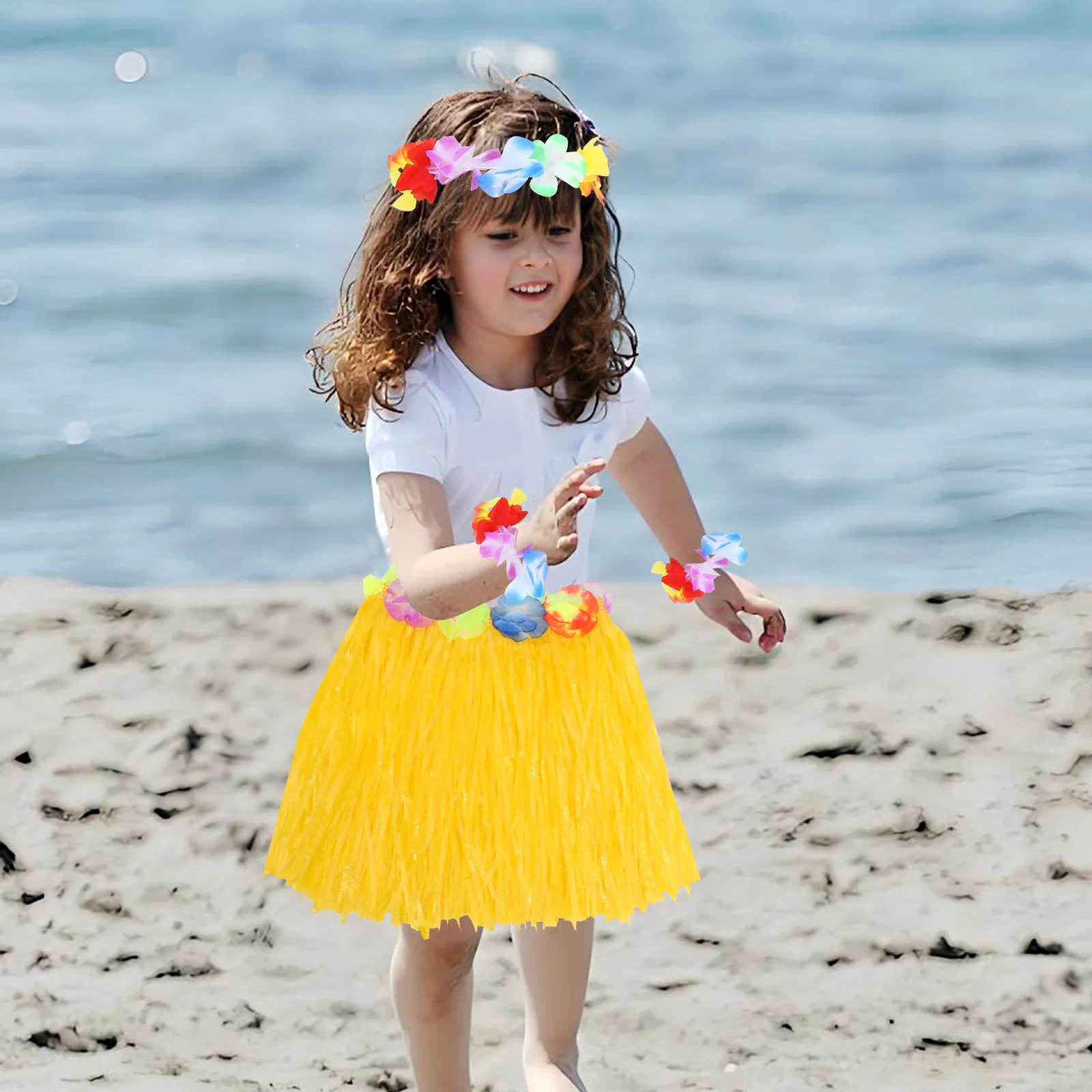 

Hawaiian Accessories for Girls Luau Skirt Set Kids Tropical Party Costume Head Hoop Bracelets Neck Garland Yellow Design