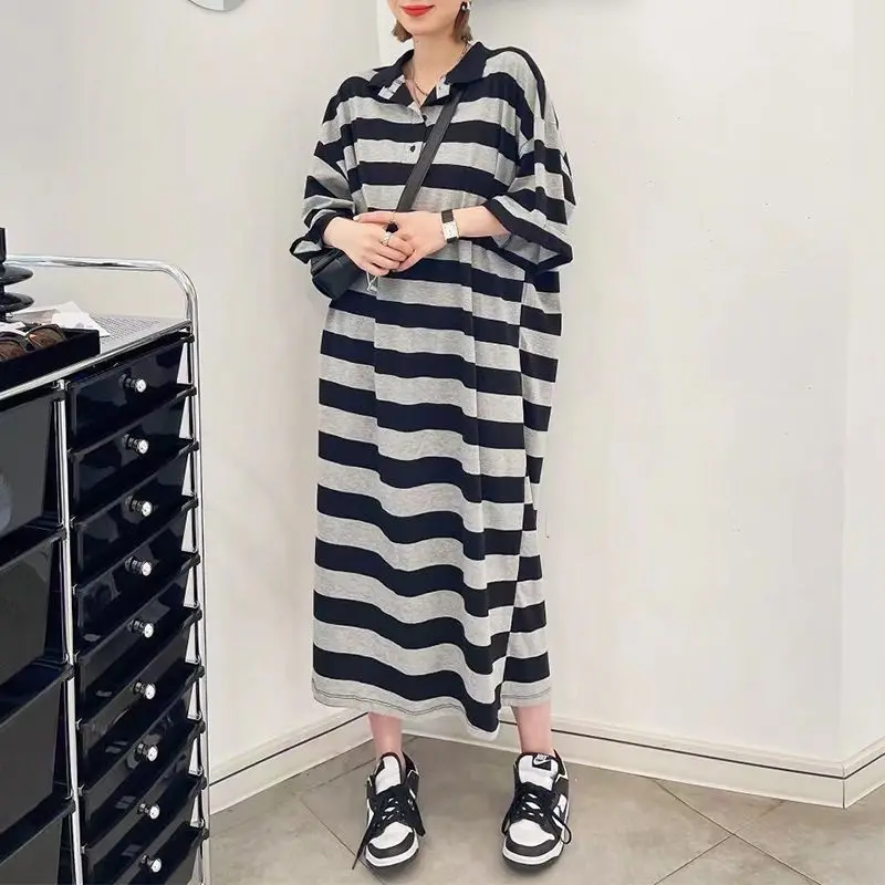 Summer New Striped Loose T Shirt Dresses Polo Neck Short Sleeve Plus Size Mid Length Dress Vintage Fashion Women Clothing