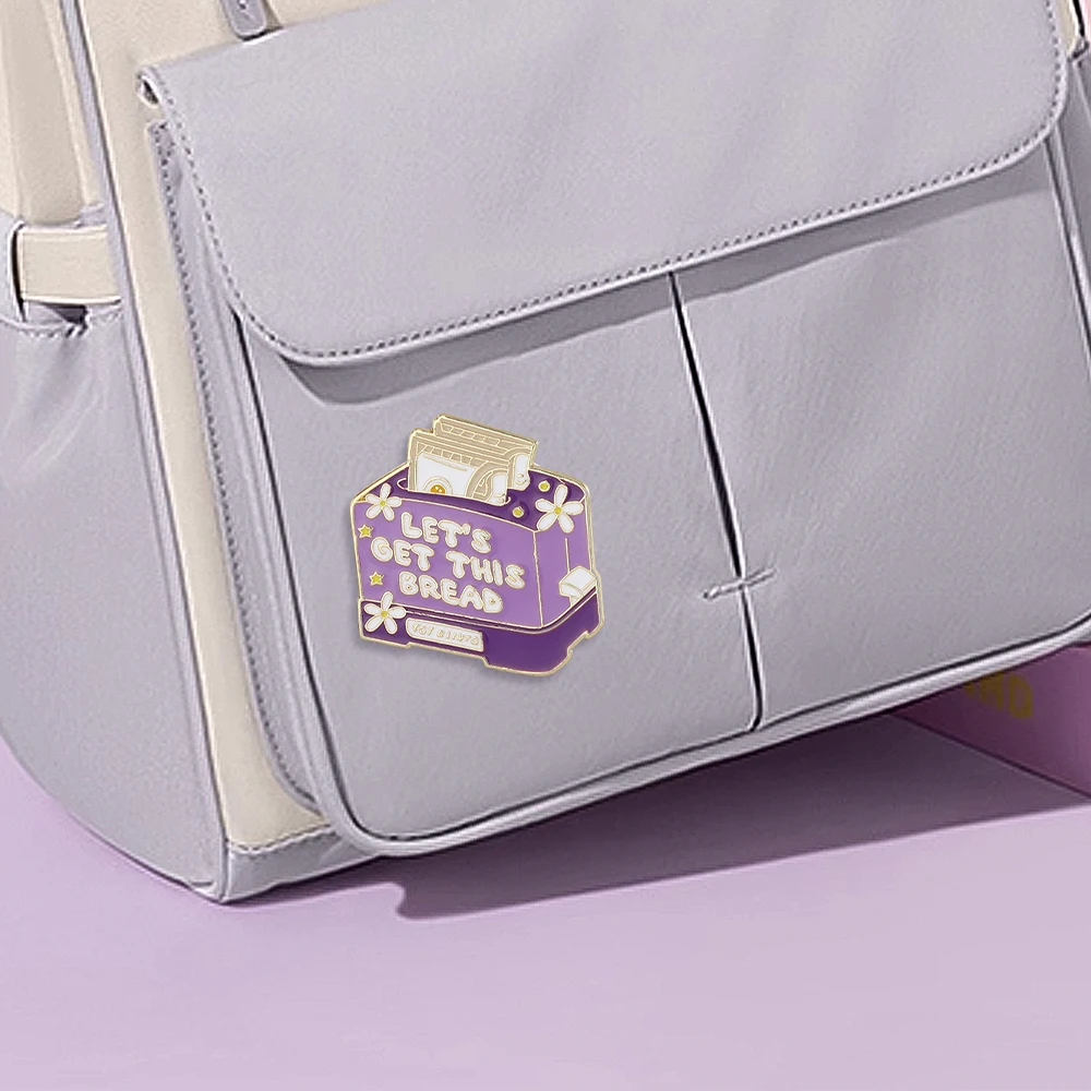 Funny Let's Get This Bread Enamel Brooches Cute Purple Flower Pattern Toaster Shaped Golden Pins