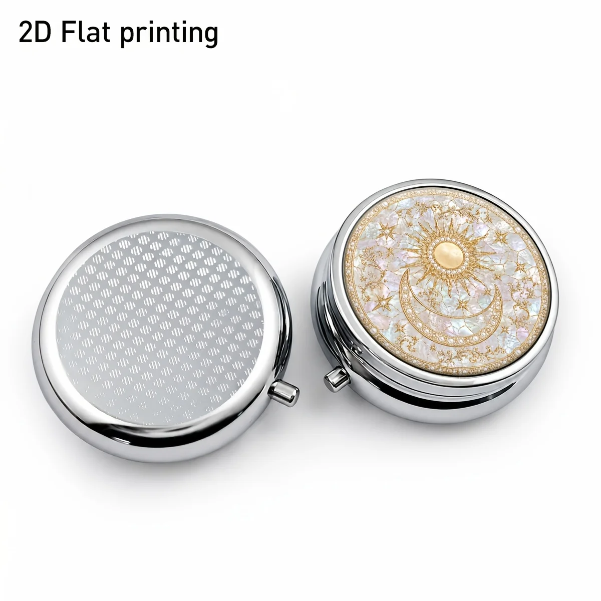 Platinum Sun, Moon, and Star Patterned Round Metal Pill Box, Three-Compartment Portable Storage Box, with Divided Design for Easy Classification of Pills, Vitamins, and Small Accessories, Suitable for Travel, Daily Use, Home, and Outdoor Carry, Durable and Aesthetically Pleasing, Creative Gift.